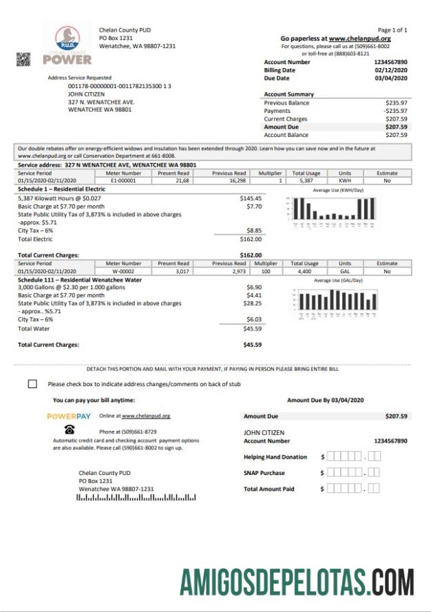 imprimível Modelo de conta de serviços públicos PUD do condado de Washington Chelan nos EUA em formato Word e PDF